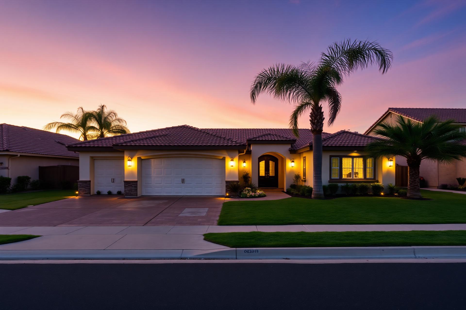 Front exterior of 6551 Westmont Avenue in Rancho Cucamonga at twilight