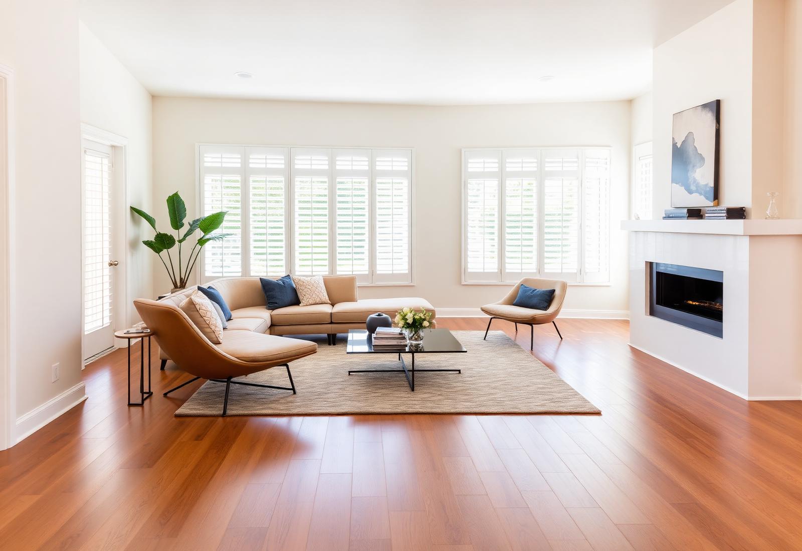 Living room with plantation shutters at 6551 Westmont Avenue