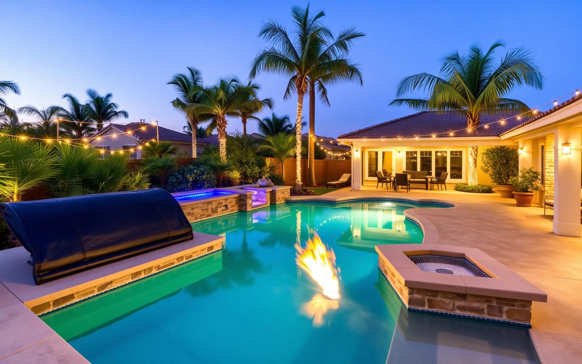 Backyard pool at sunset
